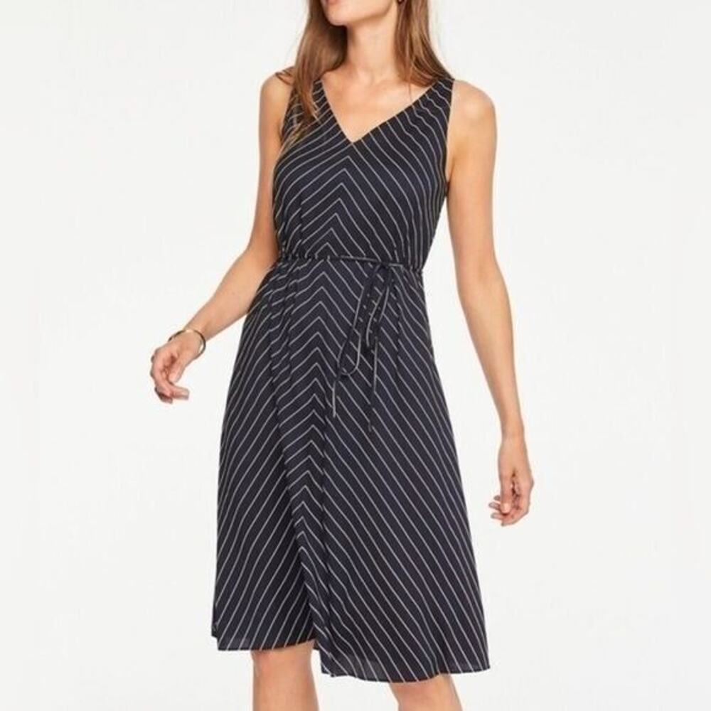 Ann Taylor Petite 6 Navy White Chevron Stripe Swing Dress A Line Tie Waist